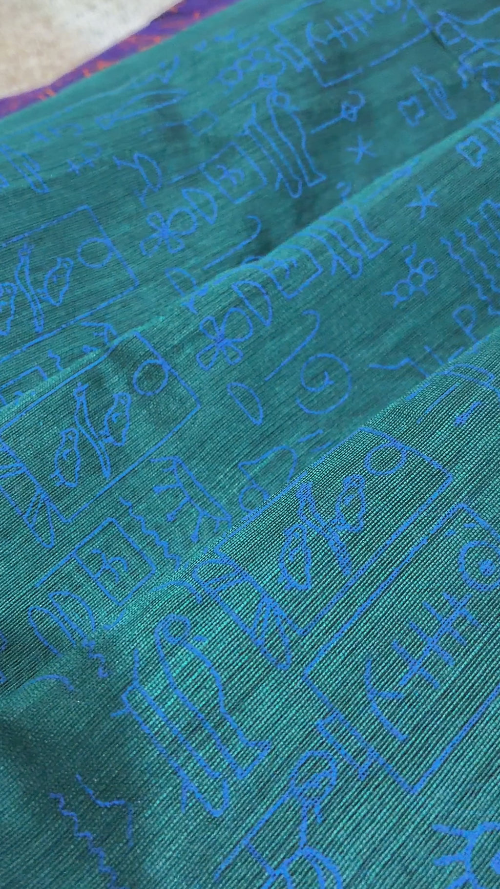 Royal Blue Glyph Block Print Cotton Saree with Teal Contrast