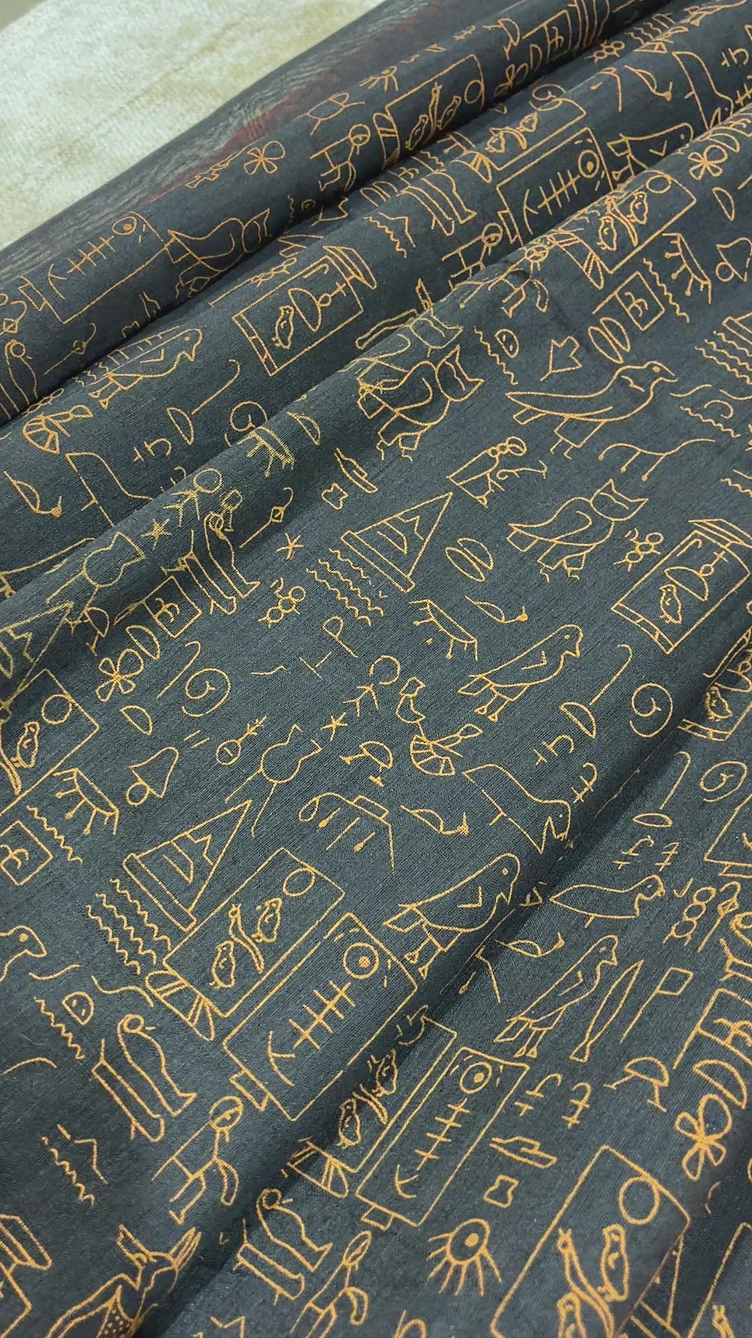 Charcoal Black & Terracotta Glyph Block Print Cotton Saree